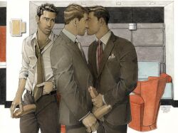 3boys boner clothed erect_penis erection gay hard_on human human_only kentartwork kissing male male/male male_focus male_only muscles muscular muscular_male suit_and_tie uncut unzipped yaoi