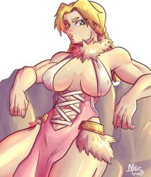 1girls allentrap alternate_version_available big_breasts blonde_hair braided_hair breasts cleavage clothing dr.stone dress female female_only green_eyes hair hanada_nikki lips muscles muscular muscular_female solo solo_female thick_lips twin_braids white_background