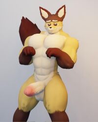 3d 3d_(artwork) anthro anxiousanxiety balls big_penis big_tail brown_eyes claws fox fox_(cuwubedfox) fox_ears fox_tail furry furry_ears genitals heart-shaped_pupils hi_res huge_cock looking_at_viewer male male_only muscular naked nude nya_pose penis pose posing smile smiling solo tagme tail veiny_penis yellow_fur