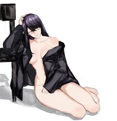 1girls breasts glasses jacket jacket_only jacket_open kamishiro_rize long_hair nude_jacket open_clothes partially_clothed partially_nude partially_undressed purple_hair red_eyes sitting smiling solo tokyo_ghoul yourfreakyneighbourh yrfreakyneighbr