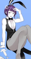 angry bowtie bunny_ears bunny_girl bunnysuit fake_animal_ears fishnets flat_chest flat_chested kopam kyoka_jiro looking_at_viewer my_hero_academia open_mouth purple_hair short_hair sitting small_breasts spilled_drink thick_thighs thighs