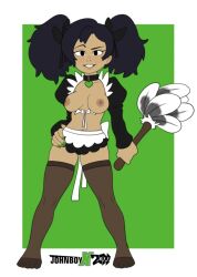 amphibia asian_female black_hair breasts breasts_out disney disney_channel female_only hand_on_hip holding_object johnboyx looking_at_viewer maid_headdress maid_uniform marcy_wu no_bra painted_nails smile smiling_at_viewer straight_hair taiwanese twintails xjohnboyx​