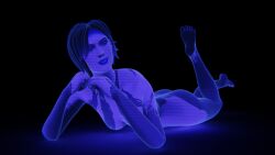 3d artificial_intelligence ass_up blue_body blue_eyes blue_hair blue_skin breasts cortana cortana_v1 female female_focus female_only halo halo_(game) halo_(series) laying_on_stomach looking_at_viewer smile