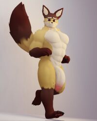 3d 3d_(artwork) anthro anxiousanxiety balls big_penis big_tail brown_eyes claws flaccid fox fox_(cuwubedfox) fox_ears fox_tail furry furry_ears genitals hi_res huge_cock leg_up looking_at_viewer male male_only muscular naked nude penis pose posing smile smiling solo tagme tail veiny_penis yellow_fur