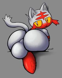 anthro ass backsack balls big_butt feral generation_7_pokemon genitals grey_background hi_res litten looking_at_viewer looking_back looking_back_at_viewer male mui_(spinycatto) nintendo penile_spines penis pokemon pokemon_(species) shiny_pokemon simple_background solo spinycatto video_games yellow_sclera