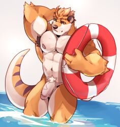 absurd_res anthro areola balls genitals hi_res life_ring lifeguard lutrine makowolf1 male mammal muscular muscular_anthro muscular_male mustelid navel nipples partially_submerged penis pubes shy simple_background solo swim_ring vein veiny_penis water