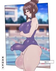 1futa 2022 balls big_breasts big_penis breasts brown_hair clothed clothing erection erection_under_clothes futa_only futanari hair_bun higher_resolution_duplicate hiroko_(raoky) huge_balls human light-skinned_futanari light_skin no_nut_november oversized_balls partially_clothed penis raoky short_hair solo standing swimsuit tenting tied_hair