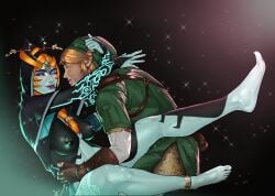 1boy 1girls blonde_hair clothing feet galaad1800 kissing link link_(twilight_princess) medium_breasts midna simple_background sparkles the_legend_of_zelda twili_midna twilight_princess