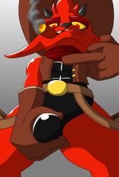 anthro bandana bulge bulge_grab cigar clothing cowboy_hat demon gesture gremile_'hotshot' hat headgear headwear hi_res imp kerchief kings_of_hell macro710 male middle_finger solo taunting yellow_eyes