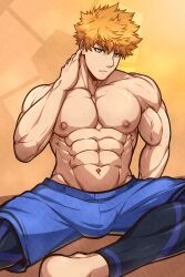 1boy abs absurd_res amber_eyes artist_name bangs bara belly belly_button big_bulge big_penis blonde_hair blue_lock blue_shorts buff closed_mouth hand_on_own_neck hands_behind_head hands_up head_tilt hi_res human kunigami_rensuke kuroshinki large_pectorals leggings light-skinned_male light_skin looking_at_viewer male male_nipples male_only manly muscles muscular_male navel no_visible_genitalia on_ground pants pecs pectorals penis_bulge shiny shiny_clothes shiny_hair shiny_skin shirtless short_hair shorts sitting sitting_on_ground smooth_skinned_male solo stomach topless topless_male veiny_muscles watermark