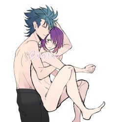 2boys annoyed blue_hair blush closed_eyes embrace fetal_position gay gintama hair_over_one_eye hisagi_(hria_h) hugging_from_behind kawakami_bansai looking_at_another looking_back male male_focus male_only nude nude_male on_side one_eye_closed purple_hair sleeping smile spiky_hair spooning takasugi_shinsuke teal_hair topless topless_male yaoi