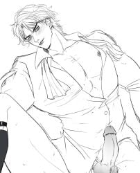 1boy blush dio_brando erection gay huorili jojo's_bizarre_adventure looking_to_the_side malé monochrome muscular muscular_male nipples no_pants pectorals penis phantom_blood shirt short_hair smirk socks spread_legs sweat testicles