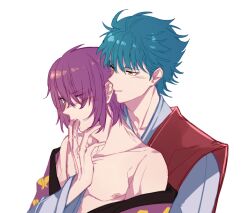 2boys aged_down blue_hair blush drooling fingers_in_mouth from_behind gay gintama hair_over_one_eye hisagi_(hria_h) japanese_clothes kawakami_bansai kimono looking_at_another looking_back male male_only off_shoulder official_alternate_costume one_eye_closed open_clothes open_kimono purple_hair saliva samurai smile takasugi_shinsuke teal_hair upper_body yaoi yellow_eyes