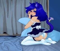 1boy animal_ears apron arched_back ass bazzasmr bed bedroom bell bell_collar blanket blue_clothing blue_eyes blue_hair blush bow cat_bell cat_ears cat_tail catboy collar commission commission_art curtains digital_media_(artwork) dress dress_caught_on_tail embarrassed exposed_ass exposed_shoulders femboy femboy_maid femboysub footwear french_maid frilly_skirt getting_up hair horny hugging_pillow indoors kneeling lifted_skirt light_skin long_hair looking_at_viewer looking_back looking_back_at_viewer maid maid_apron maid_outfit maid_uniform male male_only matching_hair/eyes neko neko_maid nekoboy_maid night on_bed on_knees open_eyes open_mouth original panties pillow pillow_hug rae_san rae_san rubbing_eyes sleepy socks solo stockings stretching tail thighhighs tired underwear unveilednsfw updress upskirt white_panties white_thighhighs woken_up yawn yawning