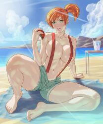 1girls arttoru barefoot barely_clothed beach big_boobs big_breasts boobs breasts clouds drink favorite female female_only green_eyes huge_breasts human human_only kasumi_(pokemon) large_breasts legs legs_apart ocean orange_hair pokemon ponytail sand shorts solo sunlight table thick thick_thighs thighs tomboy towel voluptuous