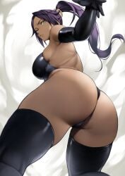 1girls ass bleach dark-skinned_female dark_skin dat_ass female female_only heavenly_ass leotard long_gloves purple_hair shihouin_yoruichi solo thong thong_leotard yellow_eyes yoshi55level