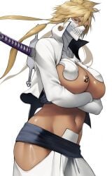 bleach blonde_hair breasts dark-skinned_female dark_skin green_eyes masked_female open_clothes sword tattoo tattoo_on_breast tia_harribel yoshi55level