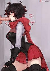 1boy 1girls bluefield breasts cape censored cloak clothed_female fellatio female glory_hole kneeling large_breasts large_penis light-skinned_male light_skin male mosaic_censoring oral penis red_hair ruby_rose rwby short_hair silver_eyes skirt thighs