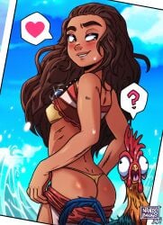 ass dark-skinned_female disney disney_princess g-string moana moana_waialiki nando_bango panties pulling_down_pants skajrzombie text water wave yellow_panties