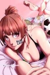 1girls anri_teieri artist_name ass bed bedroom bedsheets big_breasts blue_lock breasts brown_hair cleavage drapsmann_2604 feet female female_focus female_only hi_res high_resolution highres large_breasts light_skin lipstick looking_to_the_side lying lying_on_bed lying_on_stomach number only_female parted_lips pink_eyes ponytail shiny shiny_hair soccer_ball solo solo_female solo_focus twitter_username writing writing_on_face writing_on_skin