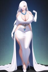 ai_generated big_breasts cleavage dress earrings elbow_gloves ezras heels high_heels huge_breasts jade_(milf)_(raindle) jade_(raindle) long_hair milf nai_diffusion necklace raindle_oc stable_diffusion white_hair