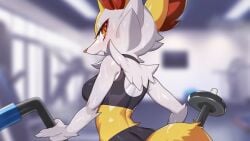 anthro braixen detailed_background drunkoak dumbbell female female_focus female_only fox fox_girl furry generation_6_pokemon gym muscular muscular_female nintendo oerba_yun_fang pokémon_(species) pokemon pokemon_(species) pokemon_only pokemon_xy red_eyes toned toned_female working_out