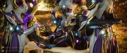 1girls 4futas alien alien_girl armor athletic_female athletic_futanari auramargaret cum cum_in_pussy cum_inside cum_on_body ember_(warframe) faceless_futanari futanari gangbang helmet laying_down mirage_(warframe) robot robot_girl saryn_(warframe) warframe