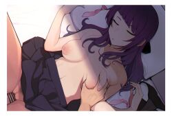 1boy bangs bar_censor black_panties black_skirt breast_grab breasts censored closed_eyes condom diagonal_bangs female female_pubic_hair grabbing idolmaster idolmaster_shiny_colors irogomi long_hair lying medium_breasts missionary nipples on_back panties panties_removed parted_lips penis pubic_hair purple_hair pussy sex skirt sleep_molestation solo_focus straight tanaka_mamimi underwear used_condom vaginal_penetration