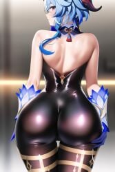 1girls ai_generated alterism ass ass_focus ass_grab ass_support bare_shoulders blue_hair blush bodysuit female from_behind ganyu_(genshin_impact) genshin_impact gloves goat_horns horns huge_ass latex leotard light-skinned_female light_skin long_hair looking_at_viewer looking_back nai_diffusion pantyhose parted_lips purple_eyes shiny shiny_clothes shiny_hair shiny_skin smile solo stable_diffusion