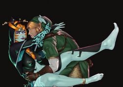 1boy 1girls blonde_hair clothing feet galaad1800 kissing link link_(twilight_princess) medium_breasts midna simple_background the_legend_of_zelda twili_midna twilight_princess