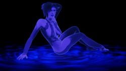 3d artificial_intelligence artist_request blue_body blue_eyes blue_hair blue_skin breasts cortana cortana_v2 female female_focus female_only halo halo_(game) halo_(series) looking_at_viewer no_source sitting smile source_request