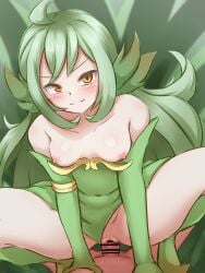 absurdres ahoge bar_censor bare_shoulders blush breasts censored closed_mouth clothing_aside cowgirl_position elbow_gloves gloves green_gloves green_hair green_leotard highres kazami_windy leotard leotard_aside long_hair looking_at_viewer medium_breasts mon-musu_quest! nipples orange_eyes penis pussy sex sidelocks smile solo_focus spread_legs squatting squatting_cowgirl_position straddling straight sylph_(mon-musu_quest!) textless_version v-shaped_eyebrows