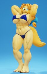 3d abs anthro areolae bikini bikini_bottom bikini_top black_nails black_nose blender blonde_hair blue_background blue_clothing blue_eyes breast canine ceehaz connivingrat dog_ears dog_knight_rpg dog_tail feet female female_only furry golden_retriever hair_ribbon hands_behind_head jeane_(ceehaz) large_breasts light-skinned_female muscular muscular_arms muscular_female muscular_thighs open_mouth photo sharp_nails showing_off snout thick_thighs thighs