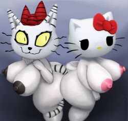 anthro big_breasts black_eyes black_nipples bow_accessory breasts coffeewithdicks domestic_cat duo empty_eyes erect_nipples felid feline felis female fur hello_kitty hello_kitty_(character) hello_kitty_(series) hi_res hot_topic kitty_white makeup mammal markings mascot nipples nude pink_nipples pupils sanrio simple_background slit_pupils small_tail striped_markings striped_tail stripes sweetypuss tail_markings thick_thighs whiskers white_body white_fur wide_hips yellow_sclera