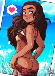 ass dark-skinned_female disney disney_princess g-string moana moana_waialiki nando_bango panties pulling_down_pants skajrzombie text water wave yellow_panties