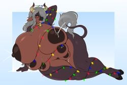 1girls 6_breasts anthro bedroom_eyes big_breasts bovid bovine breasts brown_fur cattle christmas_lights collar female female_only furry furry_only green_eyes grey_hair half-closed_eyes kiwipotato lactating lactation looking_at_viewer mammal multi_breast nipples seductive solii_(gizmo1205) solo thick_thighs