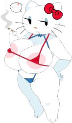 angry angry_symbol anthro anthropomorphic blue_panties cigarette cross_vein dream-cassette female frown hello_kitty hello_kitty_(character) hello_kitty_(series) holding_cigarette hoshime humanoid humanoid_cat kitty_white mob_face nipples_visible_through_clothing red_bra revealing sanrio small_bra solo transparent_background yellow_nose