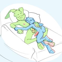 absurd_res anthro balls bed big_penis blue_background blue_body blue_fur cheek_tuft closed_eyes cuddling duo erection facial_tuft flaccid floppy_ears fur furniture genitals green_body green_fur hi_res huge_cock humanoid_genitalia humanoid_penis lagomorph leporid lying lying_on_bed male male/male mammal on_back on_bed on_side penis pink_penis rabbit simple_background sleeping the_xing1 tuft vein veiny_penis