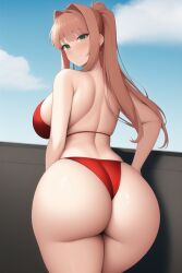 ai_generated ass big_ass bikini blush bubble_butt doki_doki_literature_club female funemily1 huge_ass large_ass large_breasts looking_at_viewer looking_back monika_(doki_doki_literature_club) nai_diffusion red_clothing stable_diffusion swimsuit tagme