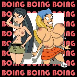 2girls afterimage alternate_version_available blue_eyes bouncing_breasts breasts english_text female female_only gigantic_breasts heather_(tdi) ilpanza lindsay_(tdi) looking_at_breasts motion_blur motion_lines multiple_girls onomatopoeia text thin thin_female thin_waist topless total_drama_island