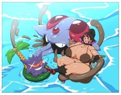 black_lipstick choker cleavage coconut_bra crossover fungimonki gengar huge_breasts indie_virtual_youtuber monkey_girl pokemon ponytail red_eyes saruchi_chinaru sunglasses tentacruel virtual_youtuber vtuber water