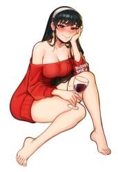 1girls alcohol artist_logo artist_name artist_signature bare_shoulders bare_thighs barefoot black_hair blush blushing_at_viewer blushypixy blushyspicy casual casual_clothes cleavage clothed clothing dress drunk earring earrings eyebrows eyebrows_visible_through_hair eyelashes female full_body hand_on_head holding_drink holding_glass holding_object implied_dialogue invisible_chair light-skinned_female light_skin logo looking_at_viewer looking_pleasured loose_clothes loose_dress red_dress red_eyes red_hair relaxing scantily_clad simple_background sitting spy_x_family tipsy twitter_link url white_background wholesome wine yor_briar yor_forger