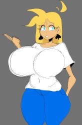 1girls big_breasts blue_eyes blue_jeans breasts cream_vanilla earrings female female_only gigantic_breasts huge_breasts hyper hyper_breasts hyper_hourglass jeans jewelry large_breasts queen_of_spades spade_earrings thedo thedomely thick_thighs thighs white_shirt white_skin yellow_hair