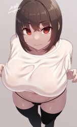 1girls breasts brown_hair crop_top female hips huge_breasts light-skinned_female light_skin looking_at_viewer oc original_character panties red_eyes samegami short_hair smile thick_thighs thighs wide_hips