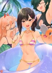 beach bikini bikini_top boob_window chainsaw_man family_photo female higashiyama_kobeni himeno_(chainsaw_man) peace_sign pochita_(chainsaw_man) power_(chainsaw_man) ruithebigp small_breasts v wet wholesome