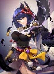 1girls blue_hair elbow_gloves genshin_impact gloves kujou_sara large_breasts liu_liaoliao long_glove long_gloves wings yellow_eyes