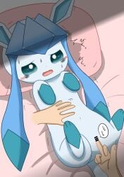 bed belly_rub blue_body blue_eyes blue_fur blue_hair blush bodily_fluids censor_bar censored disembodied_hand duo eeveelution female female_focus finger_fuck fingering first_person_view front_view frown fur furniture generation_4_pokemon glaceon hair hand_on_stomach harusupu human interspecies legs_up looking_at_viewer male male/female male_pov mammal nintendo on_bed on_pillow open_frown open_mouth pillow pokémon_(species) pokemon pokemon_(species) pokephilia questionable_consent shaking sweat tears tremble_spikes trembling vaginal_penetration video_games