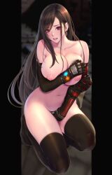 1girls black_legwear blush breasts circle_hitori covering_breasts earrings female final_fantasy final_fantasy_vii gloves jewelry large_breasts london_inu long_hair open_mouth solo square_enix thighhighs tifa_lockhart