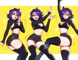 big_ass blushypixy blushyspicy clothed green_eyes light-skinned_female medium_breasts original_character purple_hair rogue_(spicy_quest) spicy_quest winking