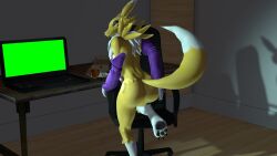 16:9 3d_(artwork) 3d_background ambiguous_gender anthro ass bandai_namco canid canine digimon digimon_(species) digital_media_(artwork) fox fur hi_res looking_at_viewer looking_back mammal orangeflyingfox renamon smile solo widescreen